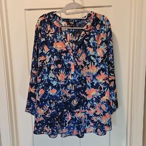 NYDJ Blue/Pink Floral Curves 360 Blouse XL